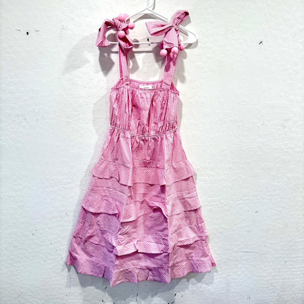 Hickory Hills Co Gingham Plaid Dress Womens XS Tiered Ruffle Pom Pom Sleeves